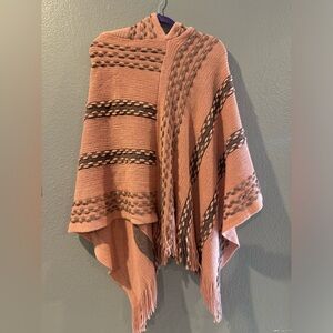 Pink and grey knit shawl with hood